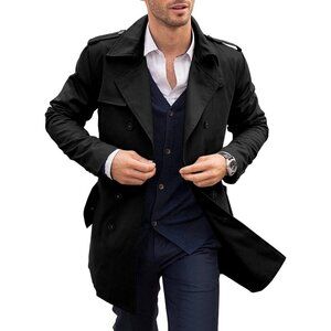 Mens Black Trench Coat Notched Lapel Double Breasted  Windbreaker Overcoat